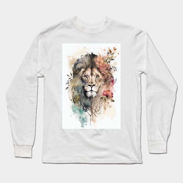 Ornamental Watercolor Lion Printable Long Sleeve T-Shirt by Abili-Tees